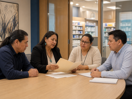 Tribal health leaders review pharmacy-partnership information together inside a modern community clinic.
