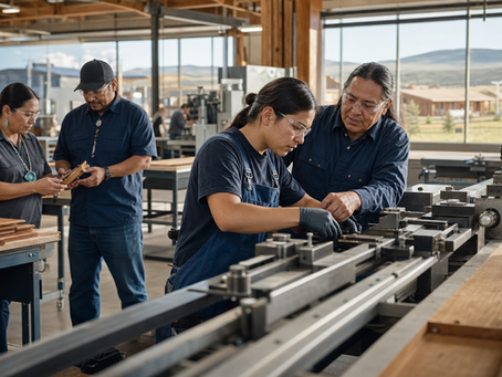 Contemporary Native manufacturing mentor guiding a younger worker in a modern facility near a Tribal community