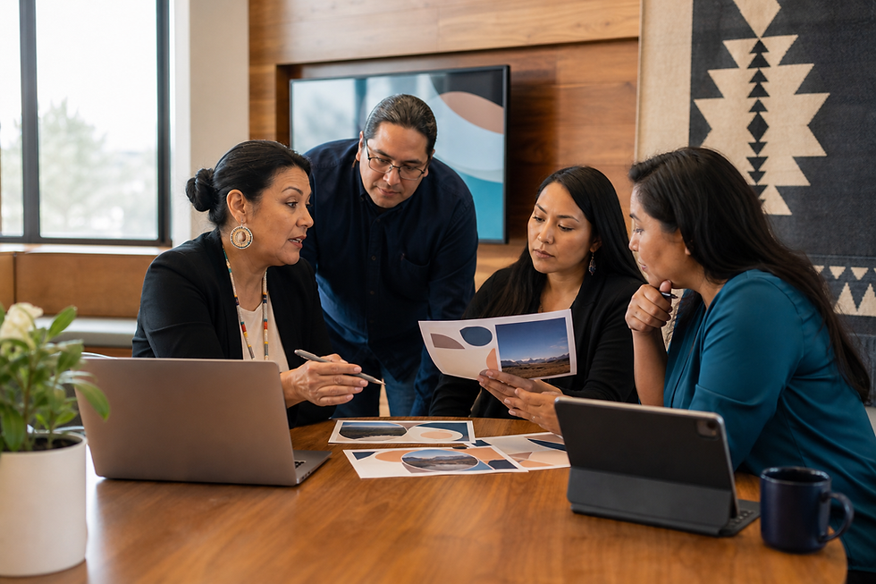 Indigenous healthcare and communications professionals reviewing community health campaign materials together