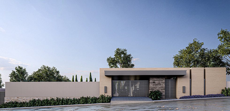 Render de fachada residencial moderna de una casa de un solo nivel con diseño minimalista y áreas verdes.