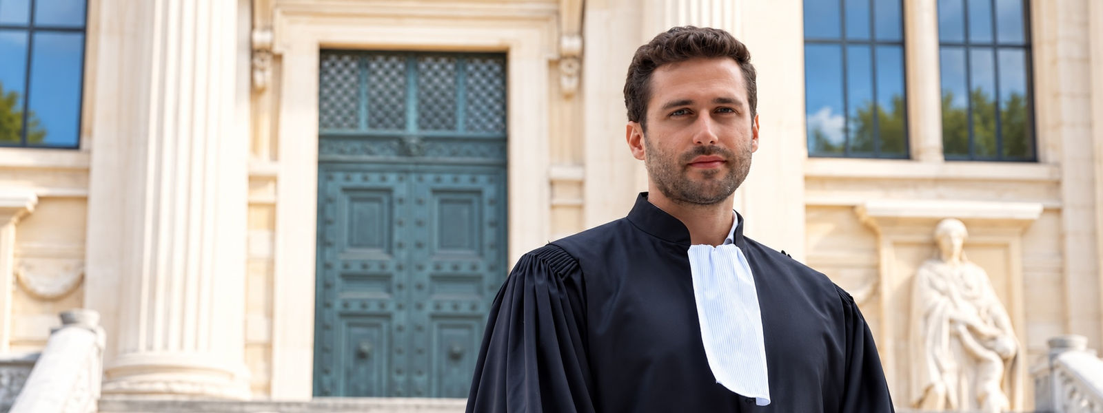 Me Etienne Lemichel, avocat, devant les portes d’un palais de justice