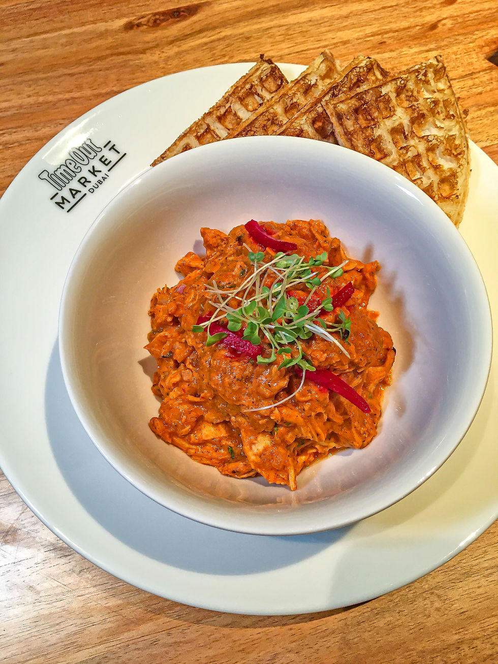 Pulled Chicken Tikka & Dosa Waffle with charcoal roasted dhaba style chicken.