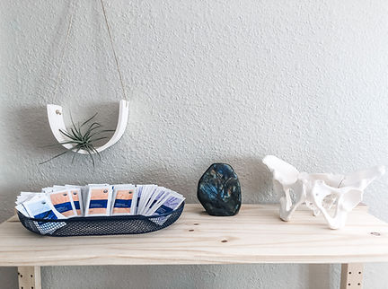 Midwifery office table with product samples, air plant, precious stone and pelvis model