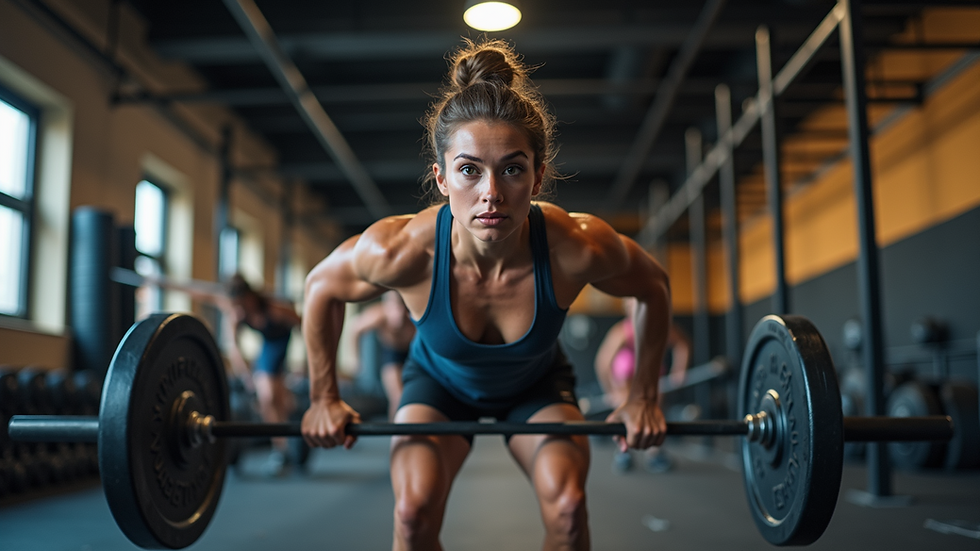 Eye-level view of a CrossFit gym with athletes engaged in a workout