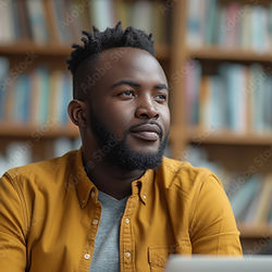 Thoughtful Black man looking away in a library with bookshelves in background