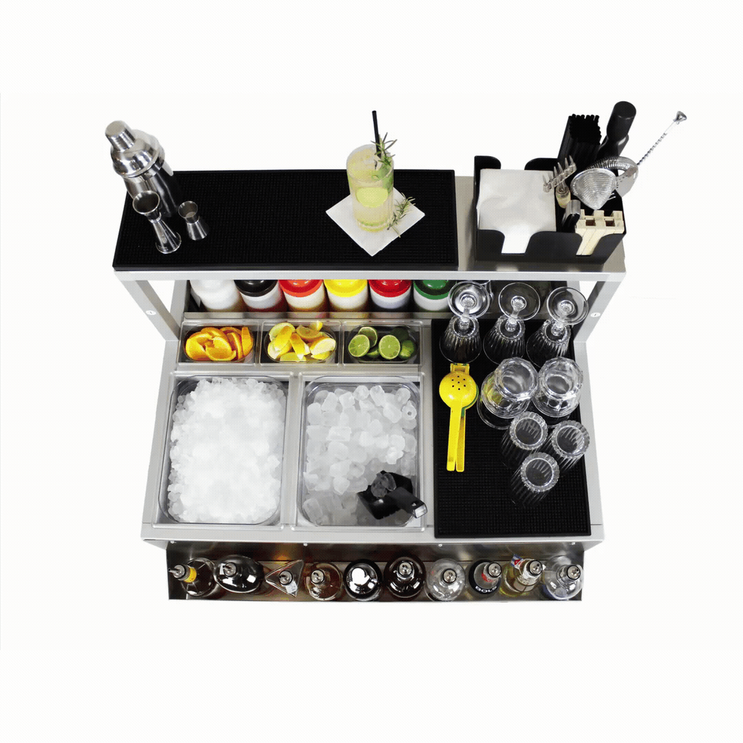 Cocktail station semplice da montare e smontare a mano, trasportabile con ruote o bolsa trolley. Personalizzabile modulare