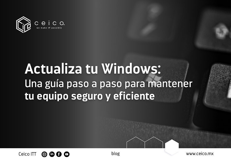 Portada blog, incluye titulo de la entrada, logotipo de Ceico, redes sociales, sitio web y la imagen de un teclado enfocando la tecla con el logo de Windows