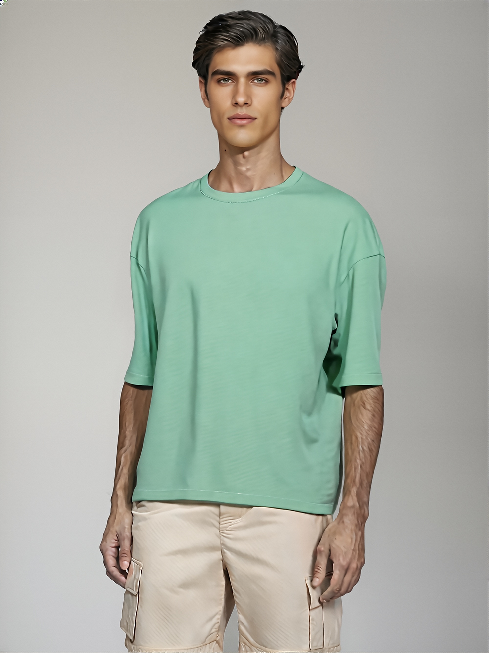 Thumbnail: Male model wearing a jade-colored terry oversized T-shirt and beige shorts.