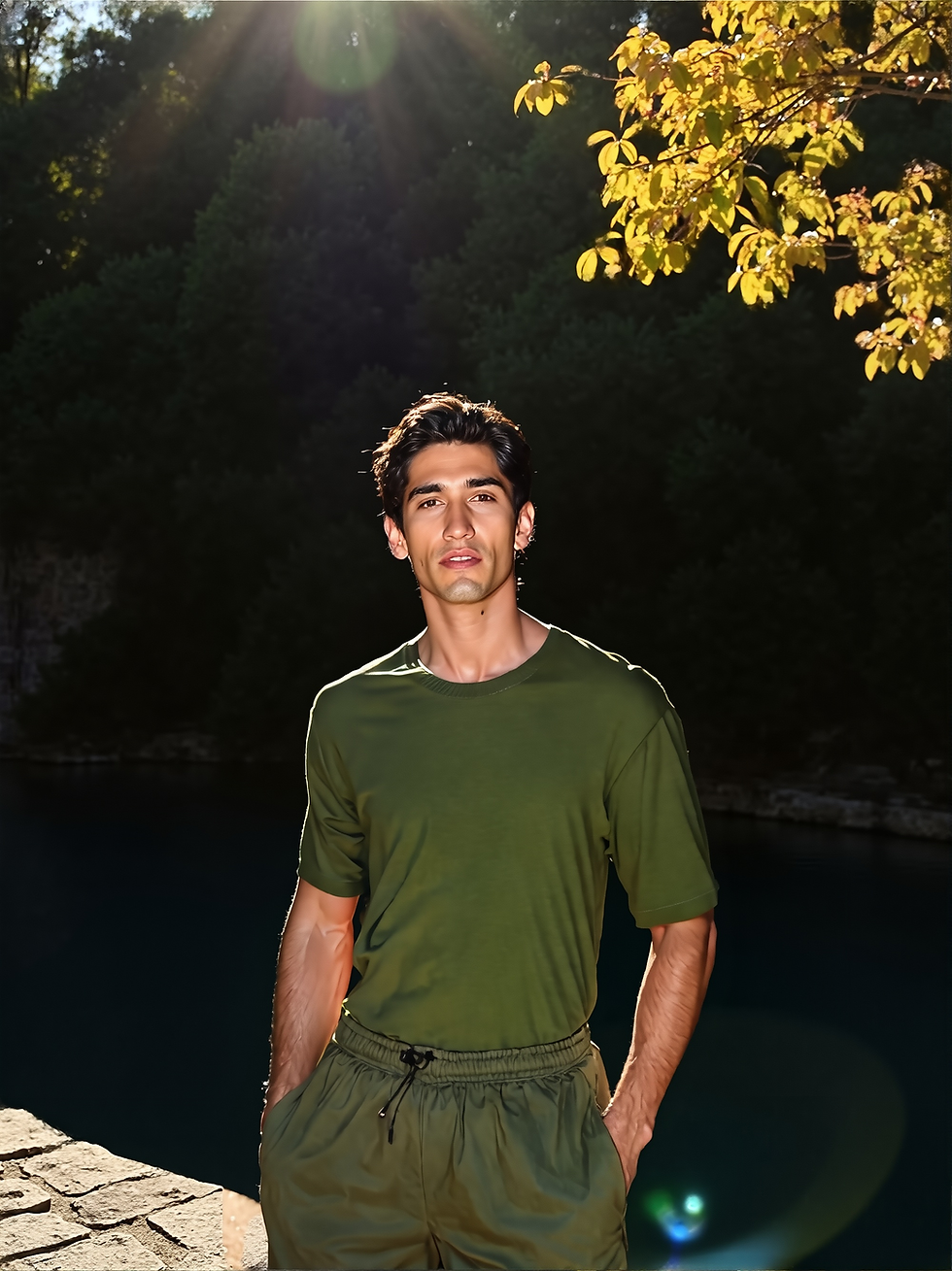 Man in olive green oversized t-shirt, backlit, by natural lake and trees.