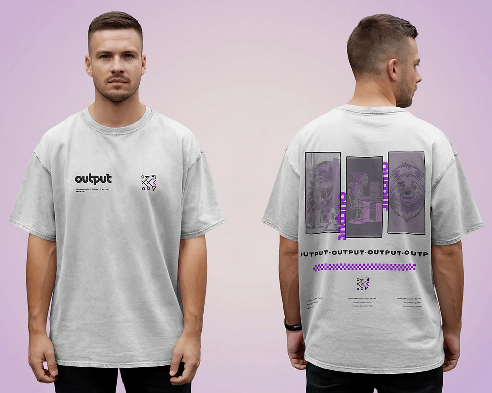 Man models 'output' oversized t-shirt, front and back view