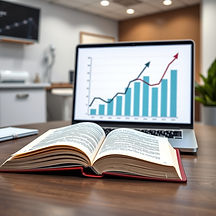 Photorealistic image of an open book on a desk with upward financial charts displayed on a