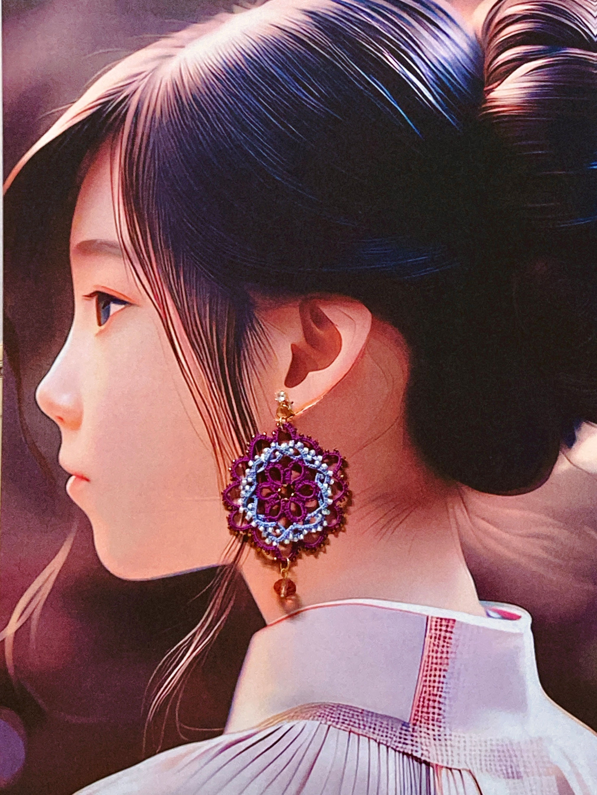 梭織蕾絲紫韻花窗耳夾