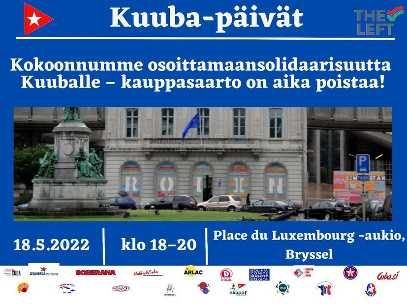 Kuvassa tietoa Brysselissä järjestettävästä Kuuba-solidaarisuuden mielenosoituksesta 18.5.