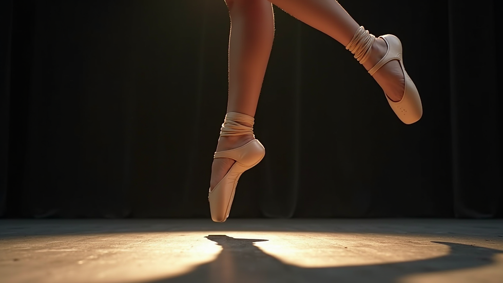 Close-up view of a dancer’s feet performing a leap on stage