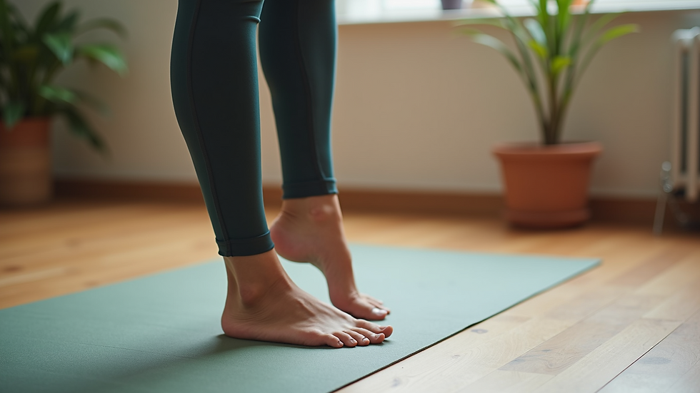 Close-up view of a yoga practitioner’s feet grounding on a mat during a balancing pose