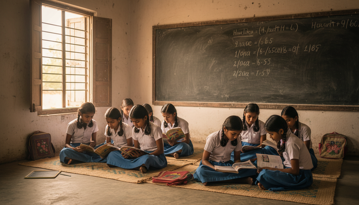 Eye-level view of a rural classroom where girls are reading together.