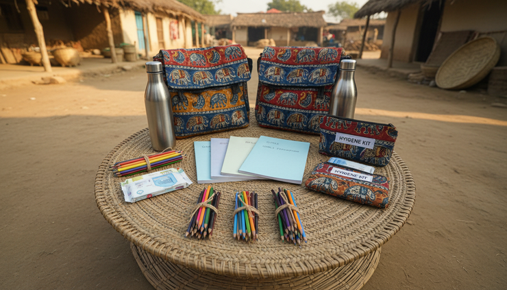 Overhead view of school supplies arranged for rural girl students.