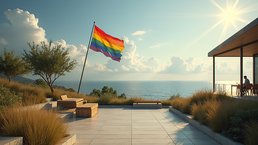 High angle view of a peaceful outdoor space with a rainbow flag flying gently in the breeze