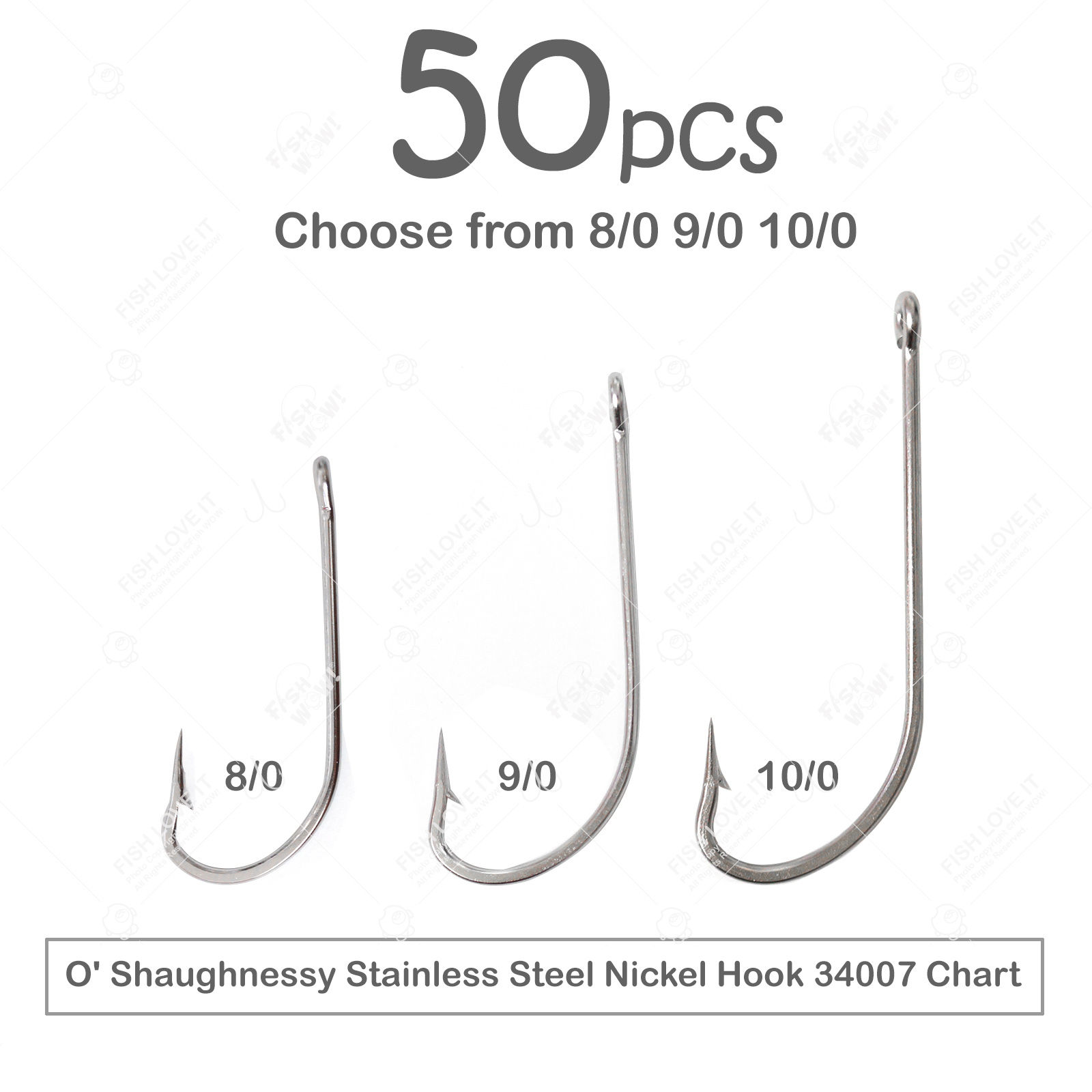 Fish WOW! 50pcs 34007 O' Shaughnessy Stainless Steel Hooks