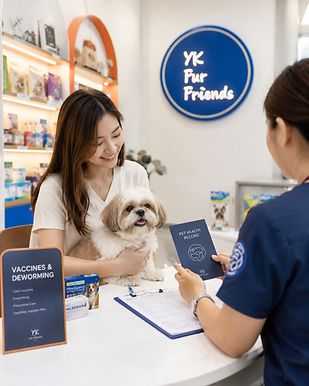 Pet owner and dog at YK Fur Friends in Bel-Air, Makati for vaccination and deworming appointment support, pet health record guidance and preventive pet wellness care