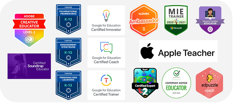 A collection of 15 edtech badges from Google, Canvas, Nearpod, Edpuzzle, Flipgrid, Common Sense Education, Adobe, and Wakelet.