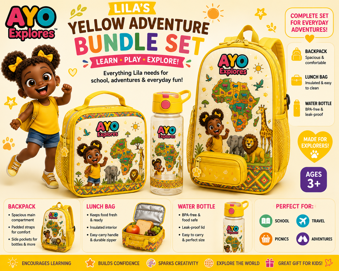 Ayo Explores™ – Backpack, Lunch Bag & Water Bottle Collection