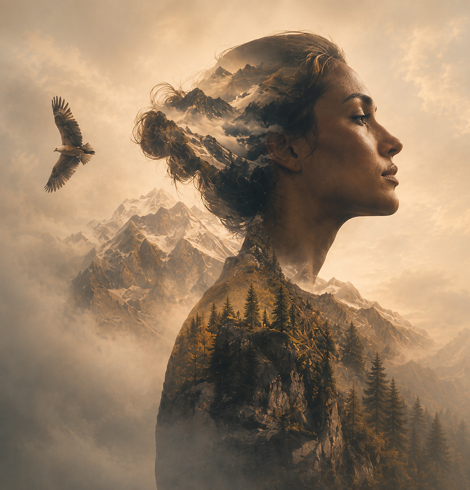 Woman in side profile with closed eyes, her silhouette blending into a misty mountain forest with a bird in flight, representing tandem healing and restoration.