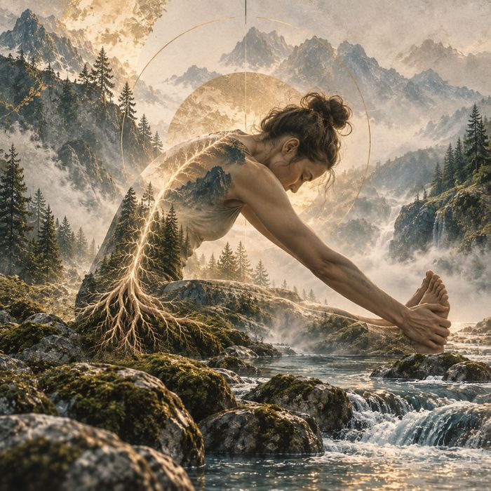 Woman seated in a forward stretch beside a flowing mountain stream, her illuminated spine and branching roots blending with a misty forest and golden circular halo.