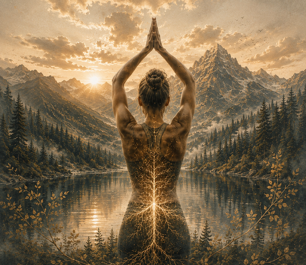 Woman viewed from behind with hands pressed together overhead, her illuminated spine extending into tree roots beside a mountain lake at golden sunset.