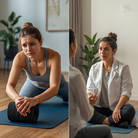 A woman frustrated on one side than relaxed on the other side.