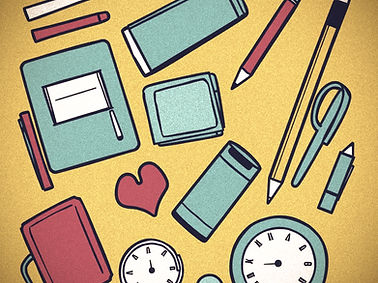 school supplies in a pop art style with on a dark yellow background.jpg