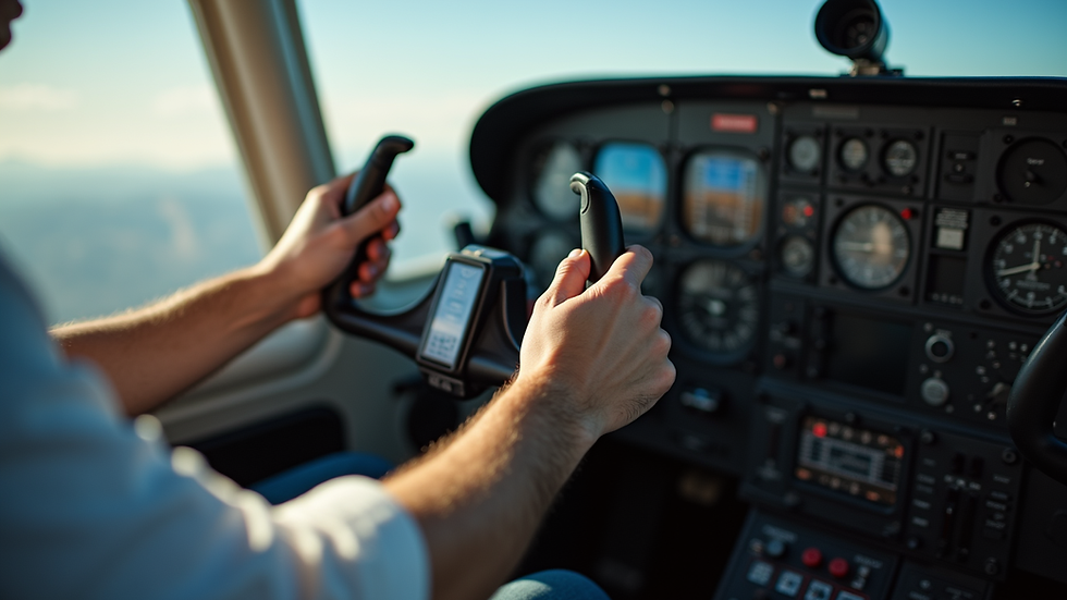 Close-up view of a pilot’s hands on the flight controls inside a small aircraft cockpit