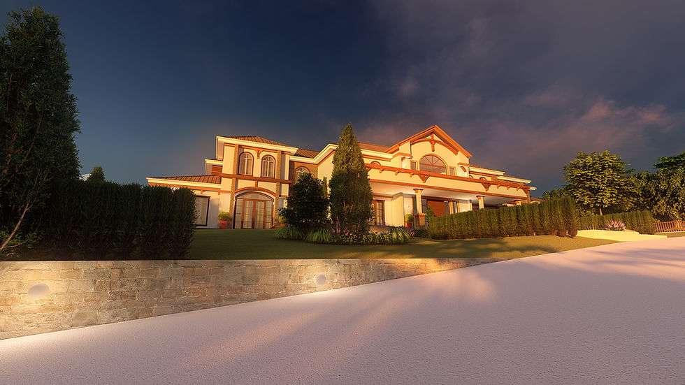 Architectural render of an elegant  home exterior at dusk with  landscaped gardens.