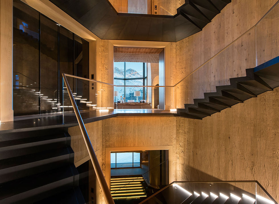 st moritz villa floating feature stair and custom-made lift