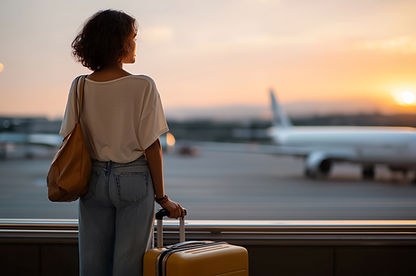 A woman stands at an airport window with a yellow suitcase
