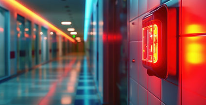 Glowing red emergency light illuminating a tiled wall in a futuristic corridor