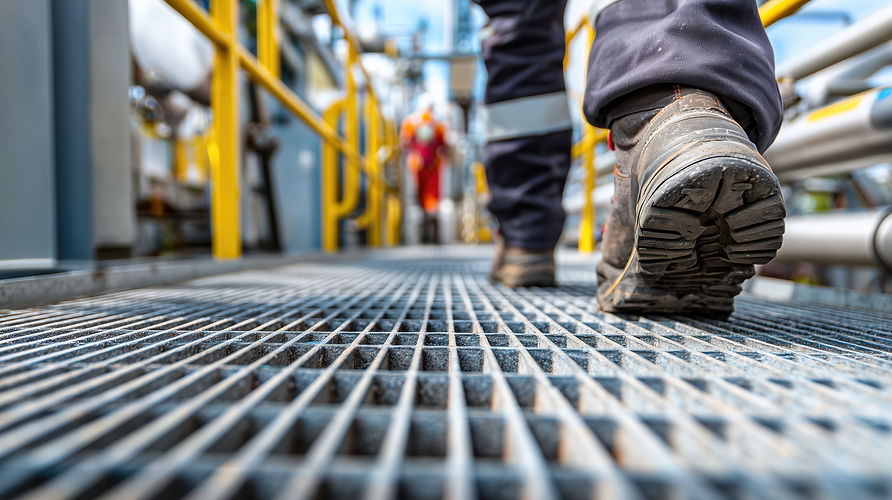 Worker in safety boots walking on metal grate platform at industrial plant