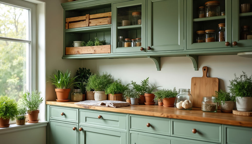 Sage green kitchen cabinets with open shelves and shaker doors