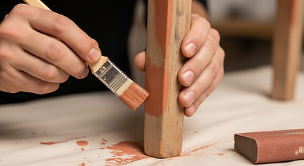 Close-up of hands painting a wooden plank with a small brush