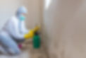 Worker of cleaning service removes the mold using antimicrobial spray and scrubbing brush