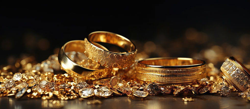 A collection of gold jewelry including rings, chains, bracelets, and earrings arranged on top of a table