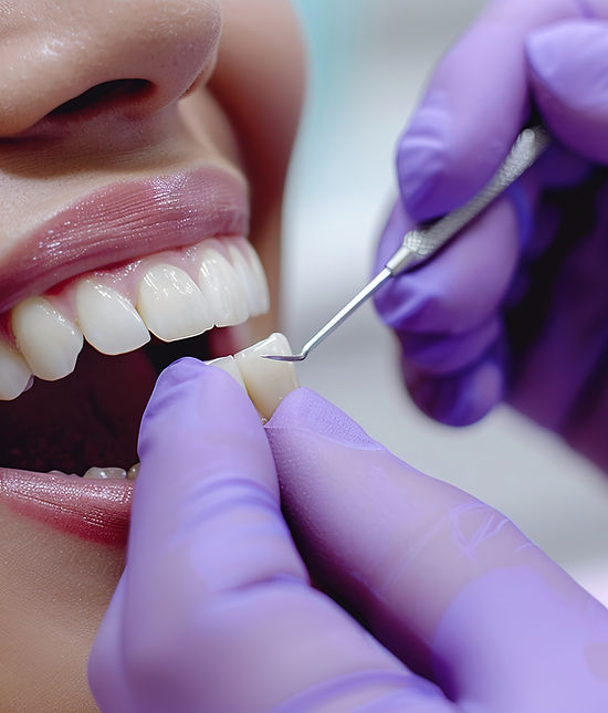 The dentist uses a tooth color sample from the palette. 