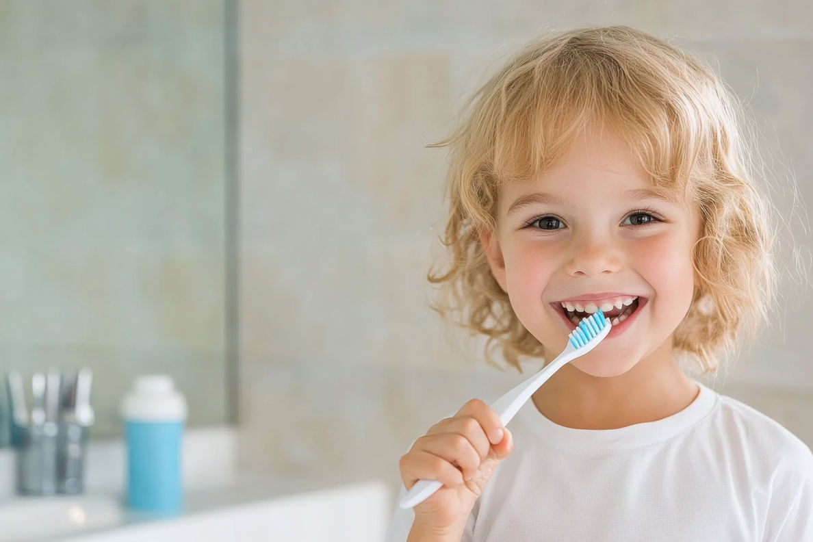 Smiling boy putting a toothbrush in his mouth