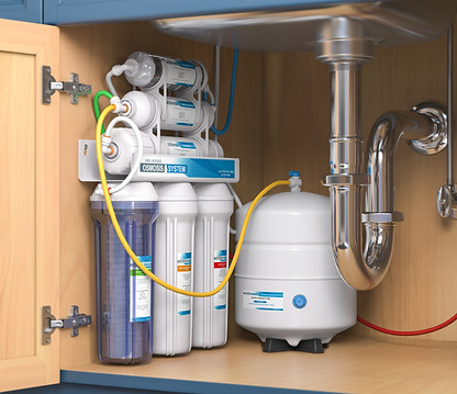Reverse osmosis water purification system under sink in a kitchen