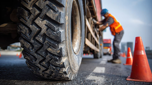 Closeup on a technicians hands removing a rugged truck tire on the roadside