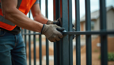 Construction worker in safety vest and gloves installs metal gate on property