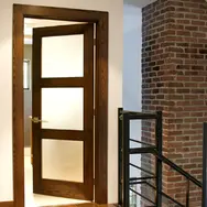 Wood styled door with translucent window panes