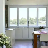 Glass windows in kitchen with white frame
