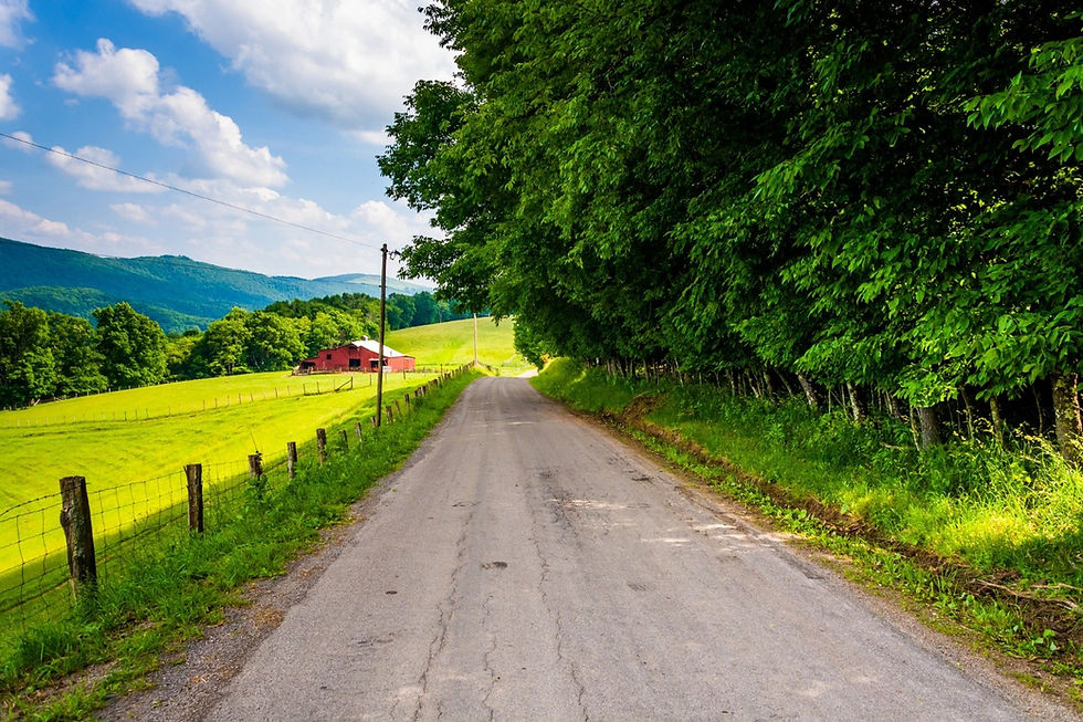Asphalt road in a massive farm with a red barn