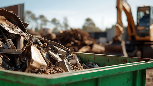 A container of scrap metal sits in the foreground